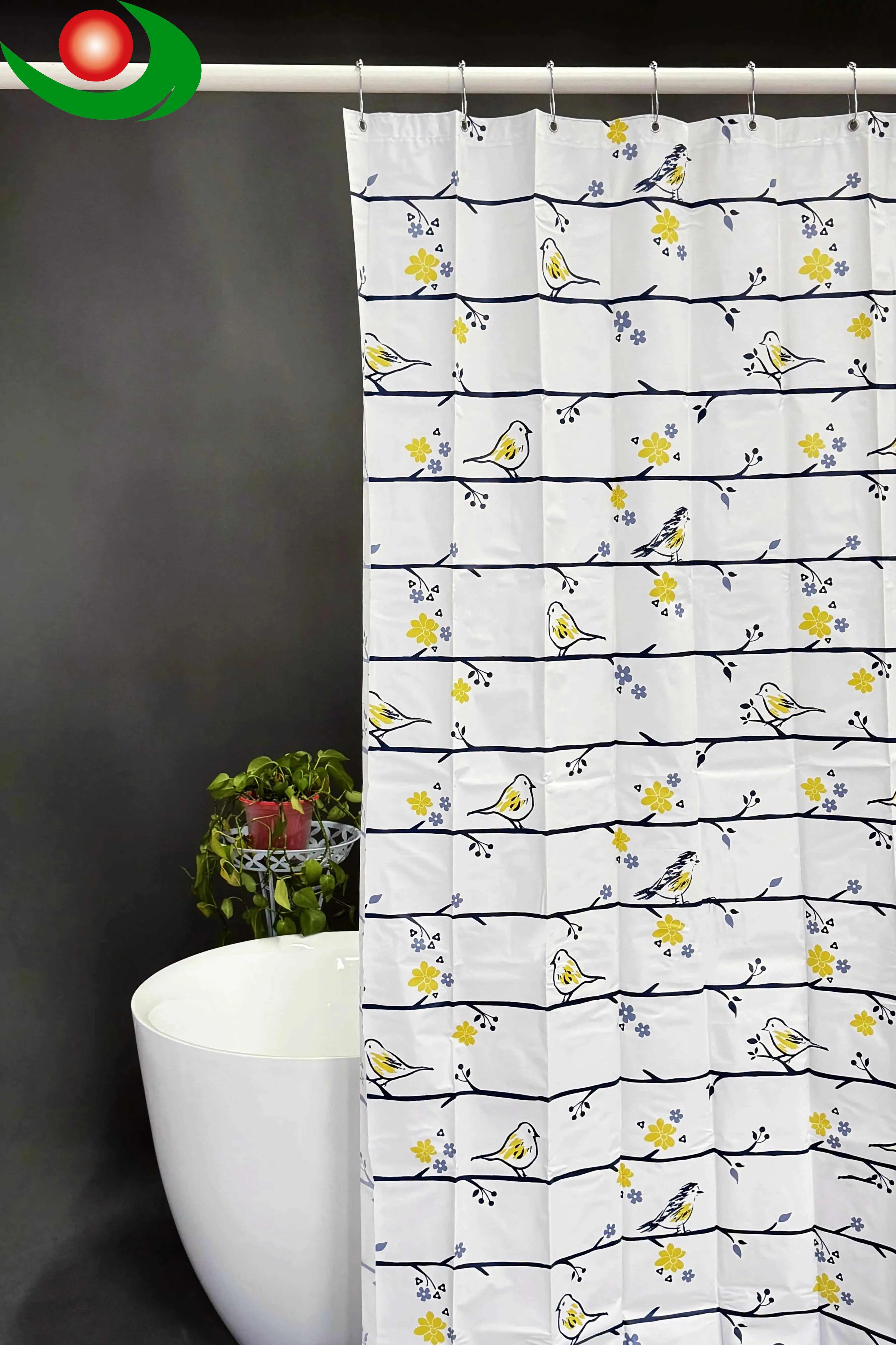 Jiayuan PEVA Shower Curtain with Tree Branch & Bird Patterns Plastic Waterproof Shower Curtains with Grommet Holes 3 Magnetic Weights